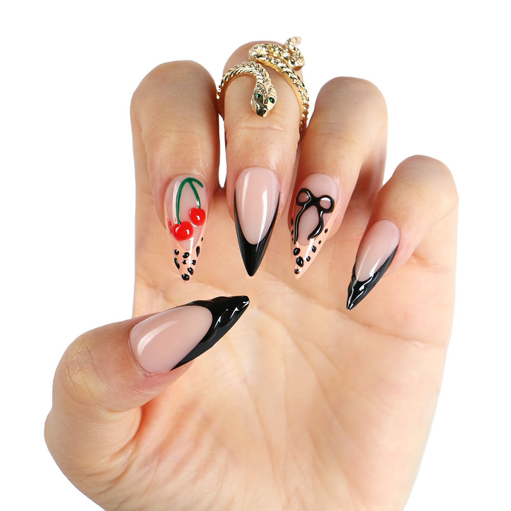 Senboma Black French Cherry Press On Nails and Glue Set: Custom ODM High-Adhesion Options for Global Export - 图片 5